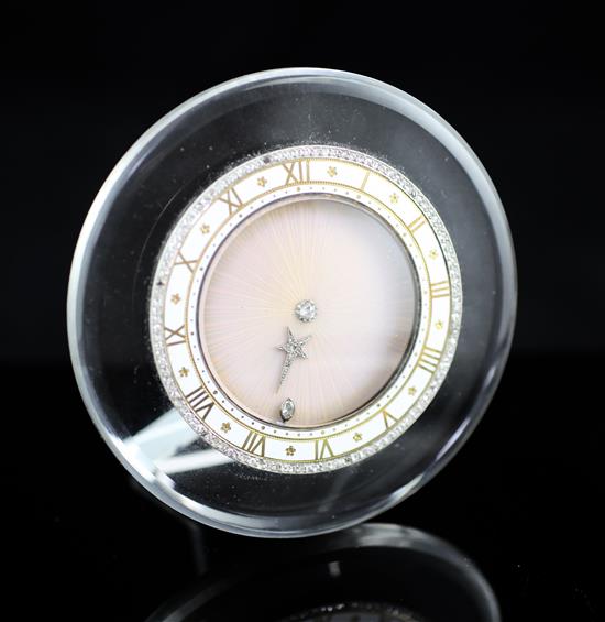 Cartier. A fine and rare Art Deco rock crystal enamel and diamond mystery timepiece, 3.5in.